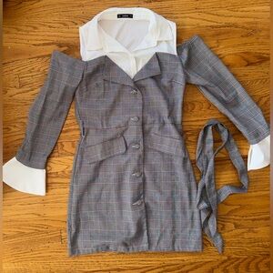 SHEIN Gray Plaid Off-Shoulder Mini Dress